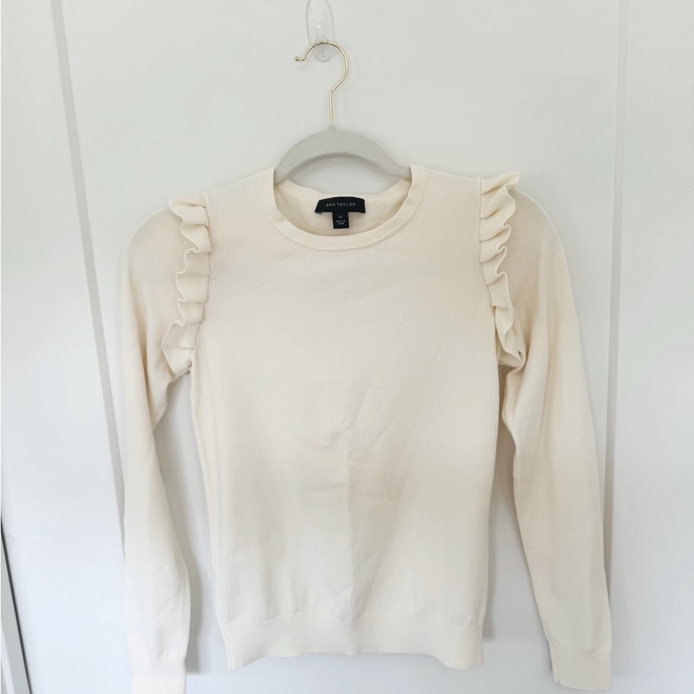 Ann Taylor Ivory Ruffle Shoulder Sweater XS